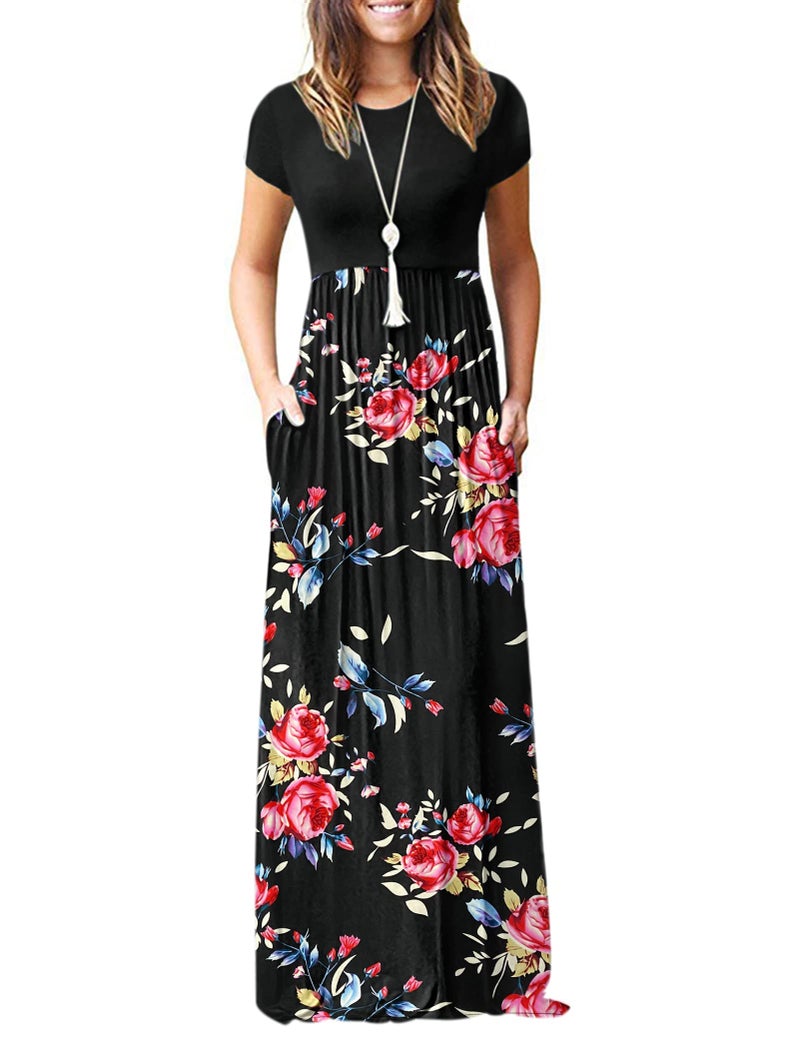 MISFAY Women Short Sleeve Loose Plain Maxi Dresses Casual Long Dresses Pockets(Rose Black,XL) - Image 1